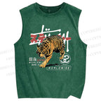 Unisex Tiger Printed Washed Tank Top
