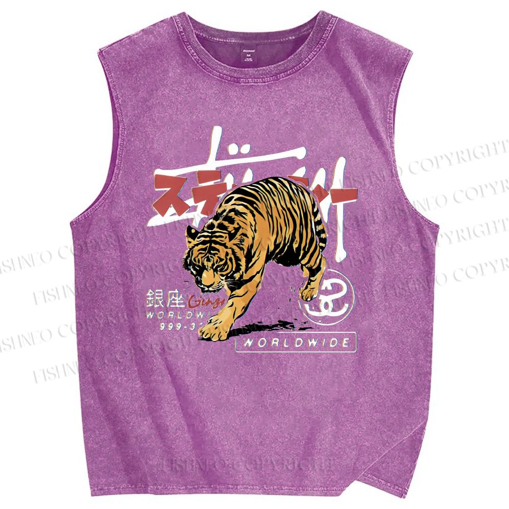 Unisex Tiger Printed Washed Tank Top