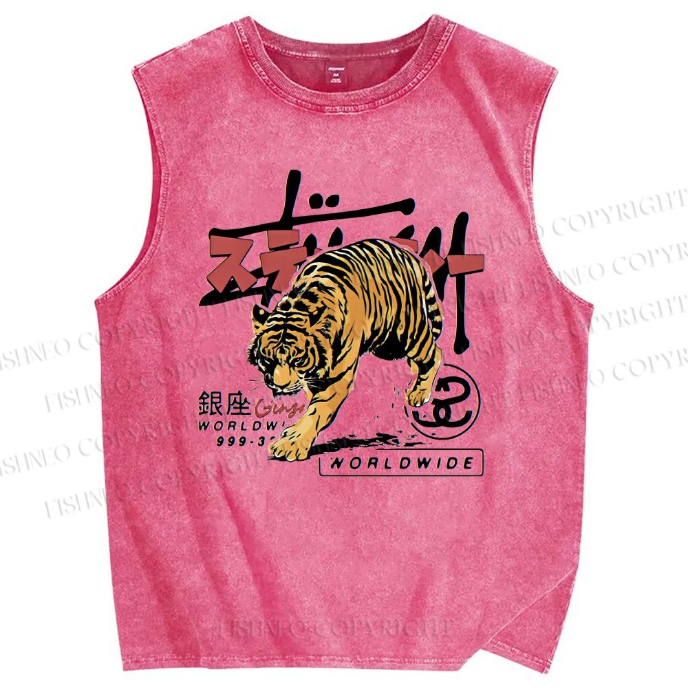 Unisex Tiger Printed Washed Tank Top