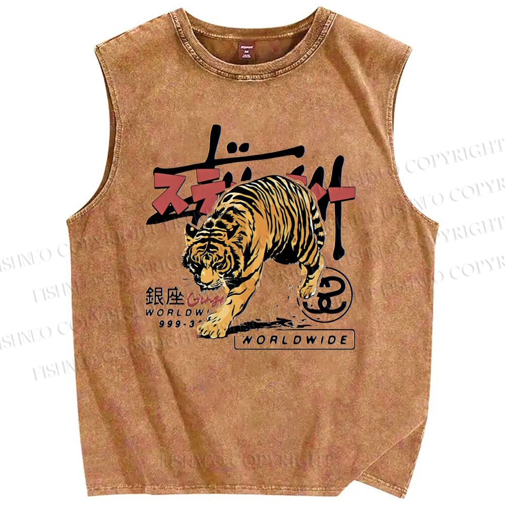 Unisex Tiger Printed Washed Tank Top
