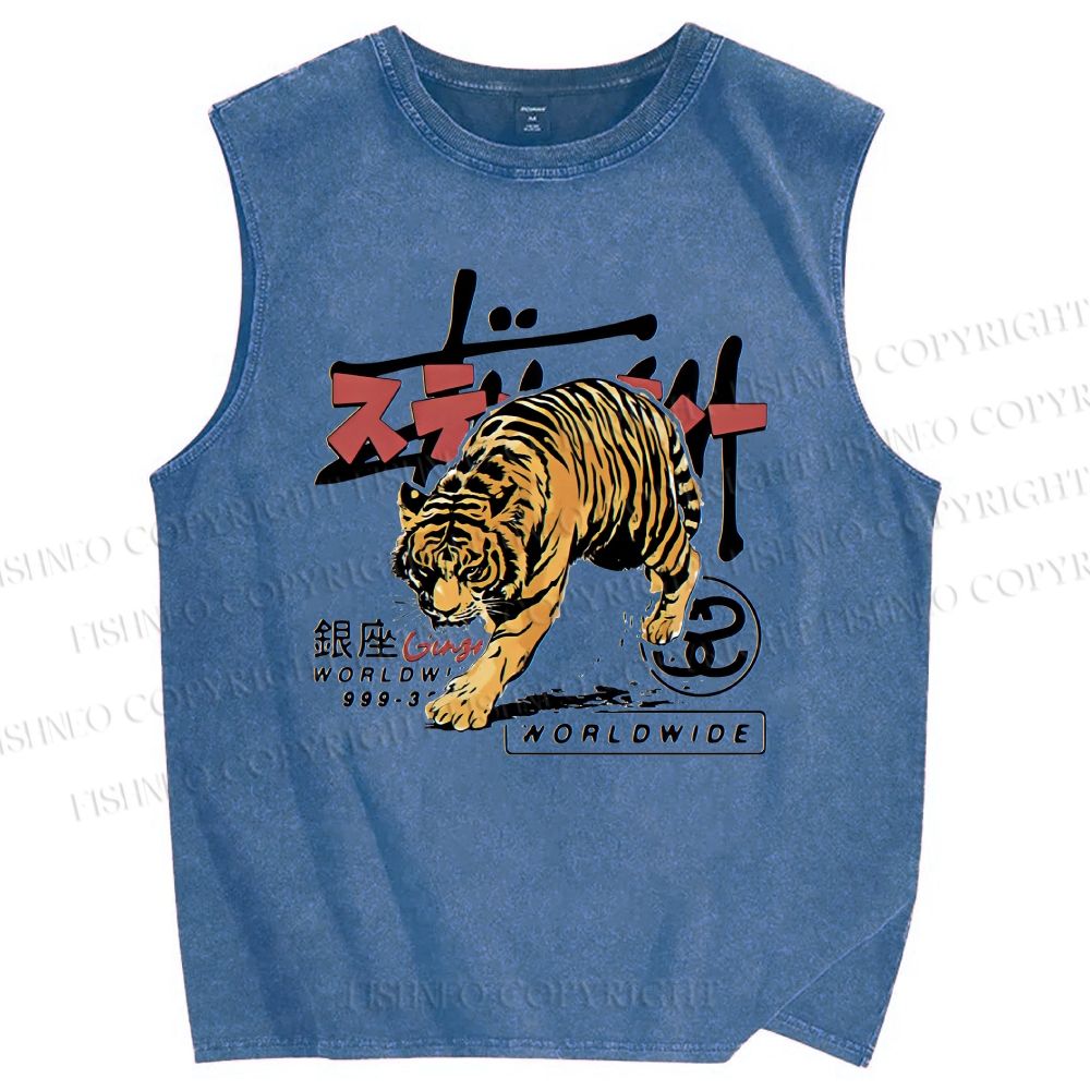 Unisex Tiger Printed Washed Tank Top