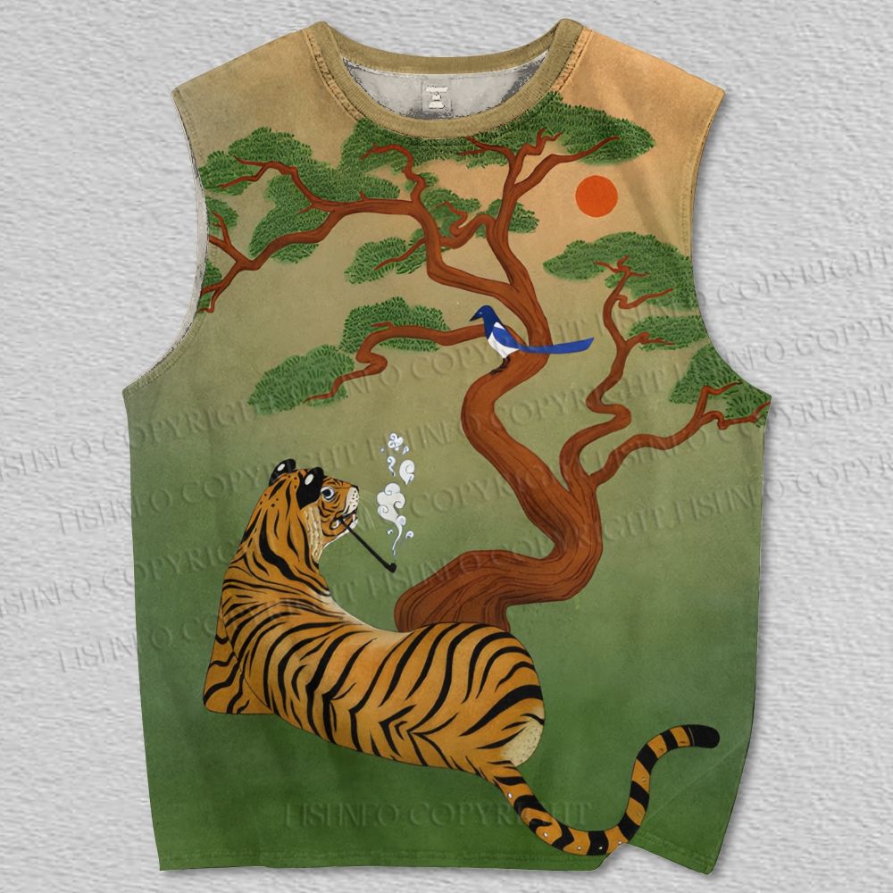 Unisex Vintage Smoking Tiger Vibing Printed Tank Top
