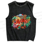 Unisex Japanese Graffiti Printed Washed Tank Top