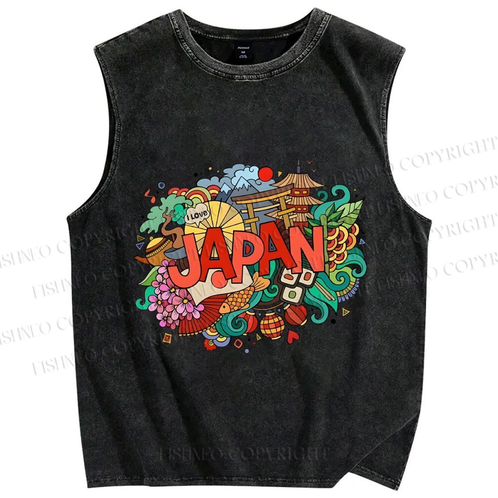 Unisex Japanese Graffiti Printed Washed Tank Top