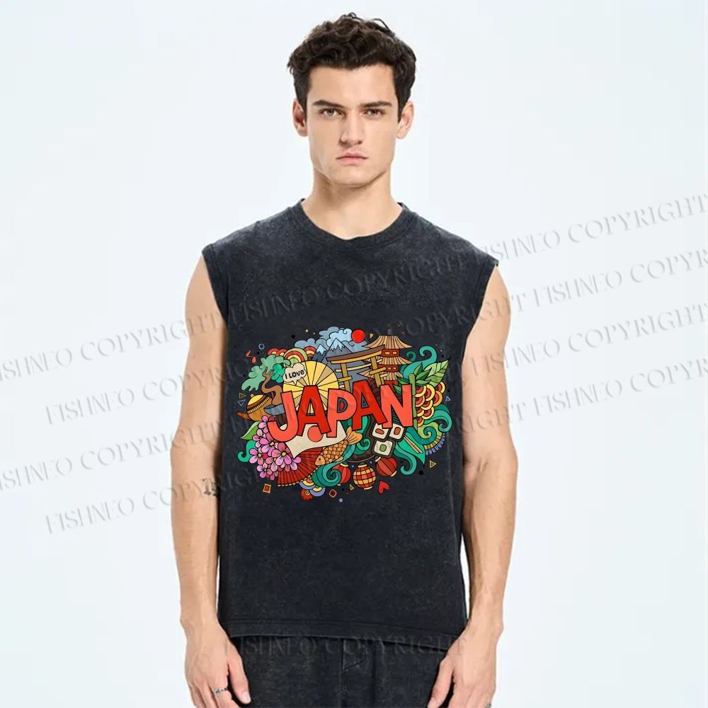 Unisex Japanese Graffiti Printed Washed Tank Top
