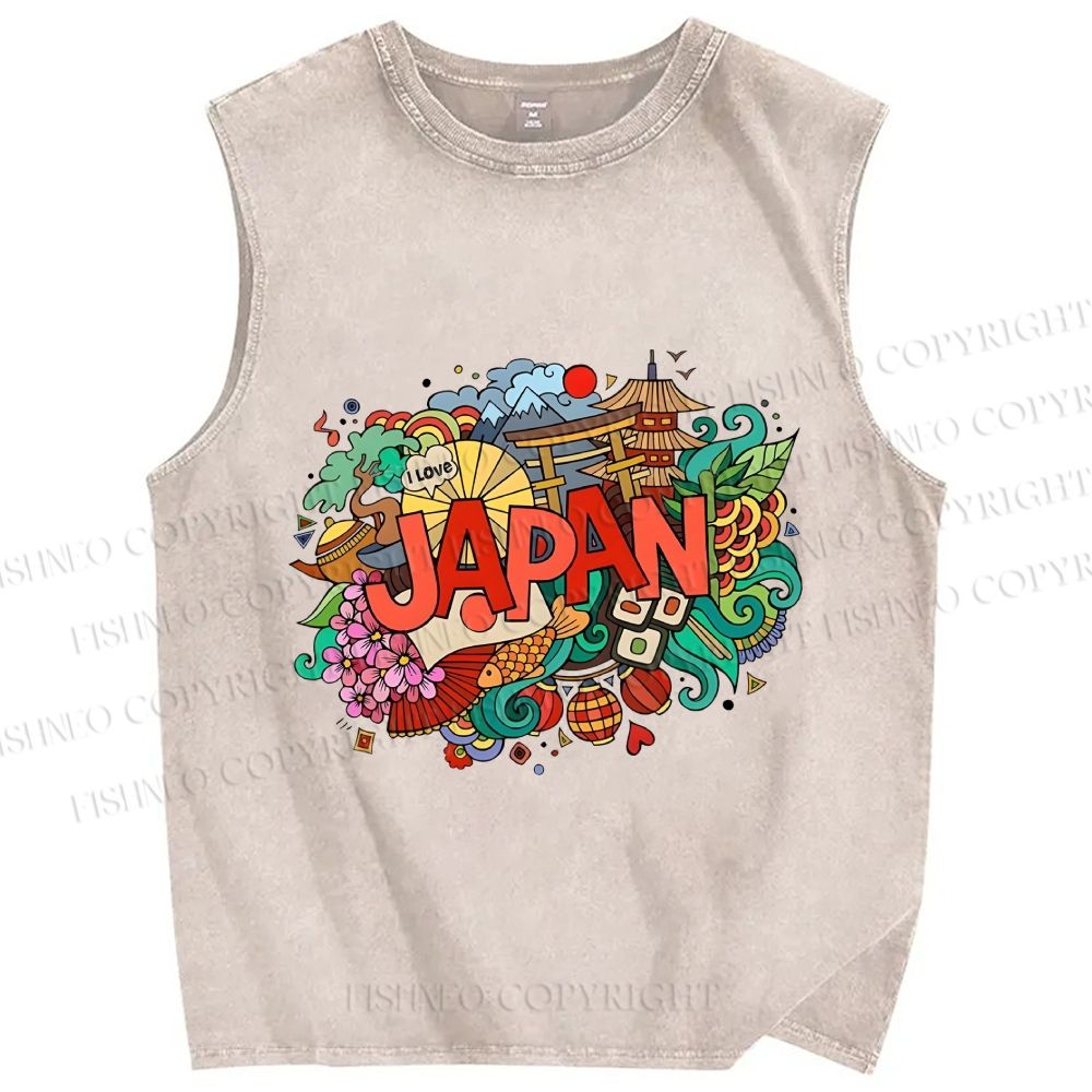 Unisex Japanese Graffiti Printed Washed Tank Top