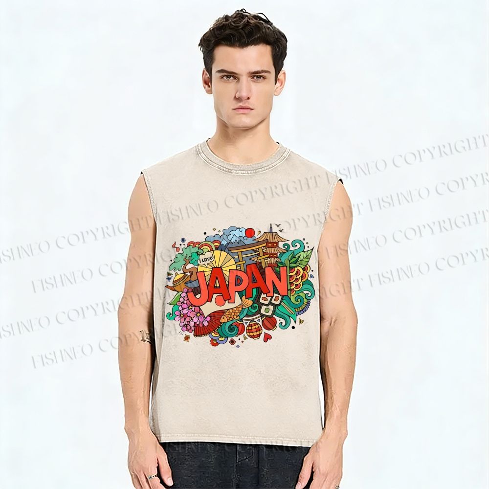 Unisex Japanese Graffiti Printed Washed Tank Top