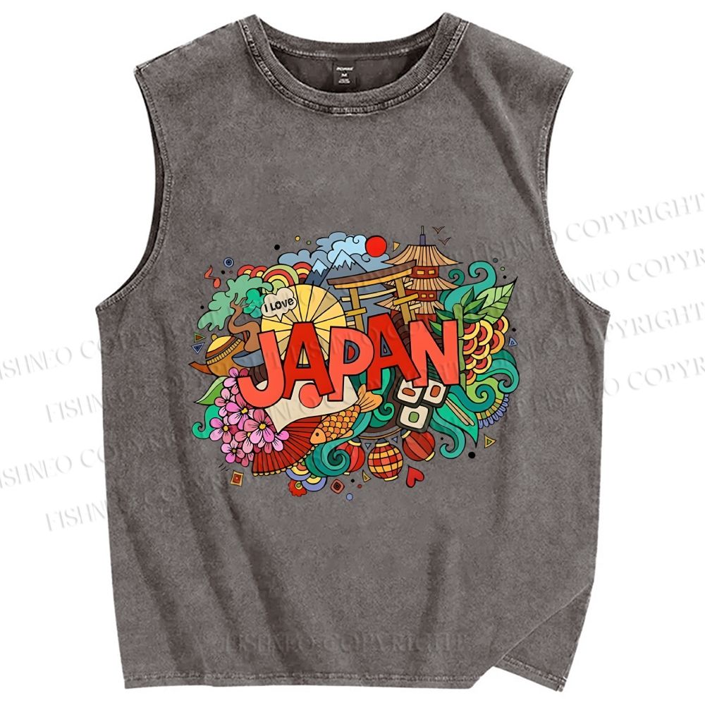 Unisex Japanese Graffiti Printed Washed Tank Top