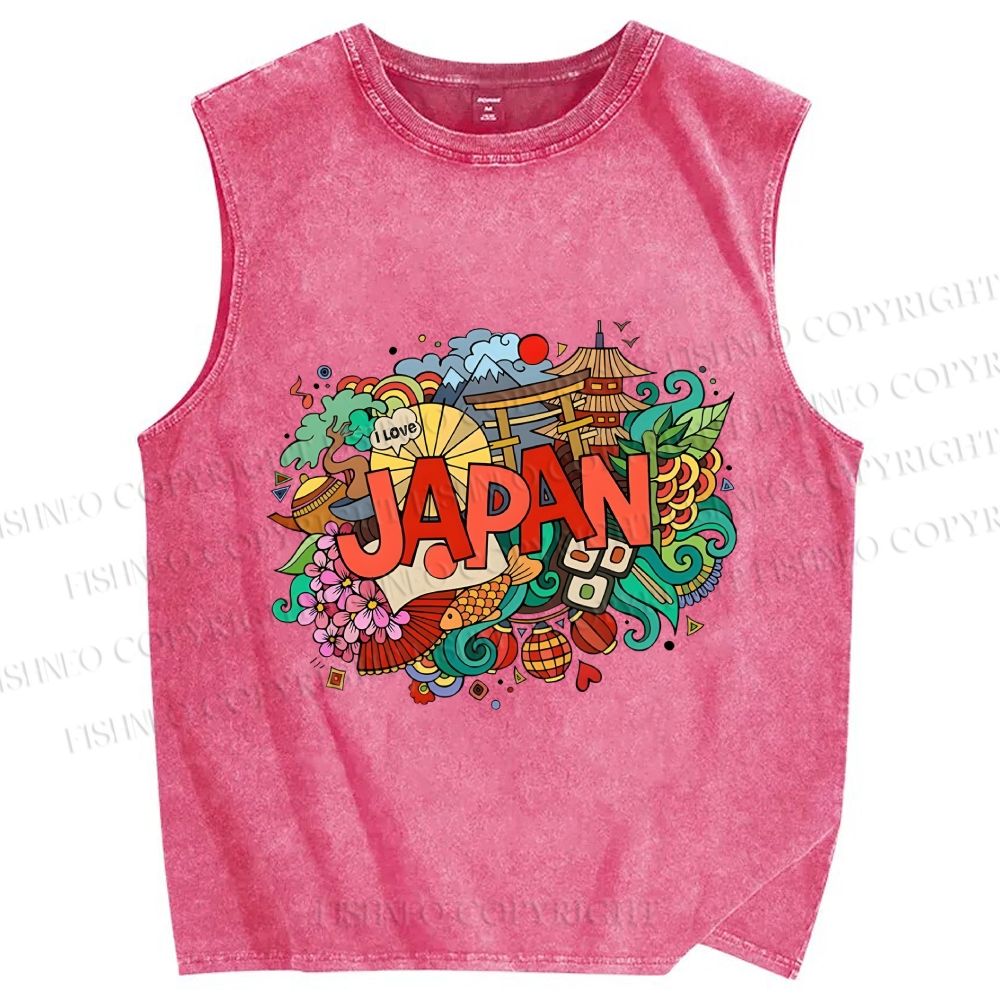 Unisex Japanese Graffiti Printed Washed Tank Top