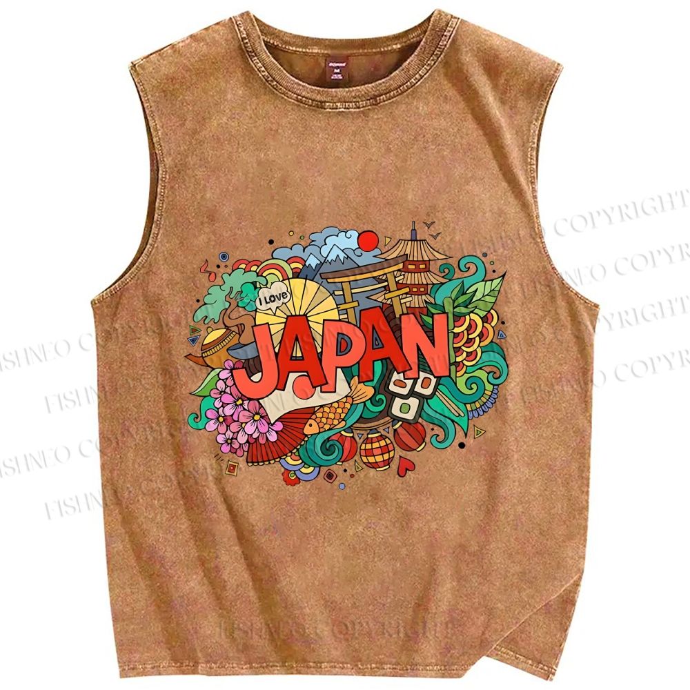 Unisex Japanese Graffiti Printed Washed Tank Top