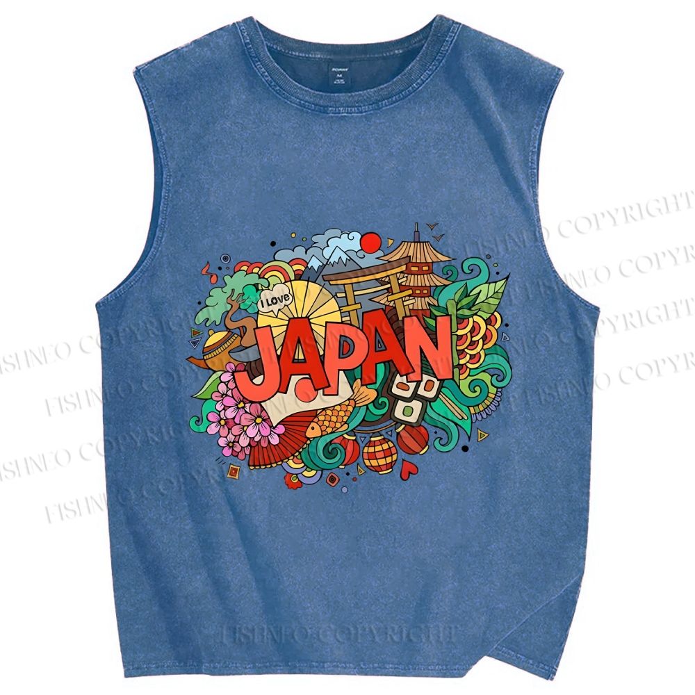 Unisex Japanese Graffiti Printed Washed Tank Top