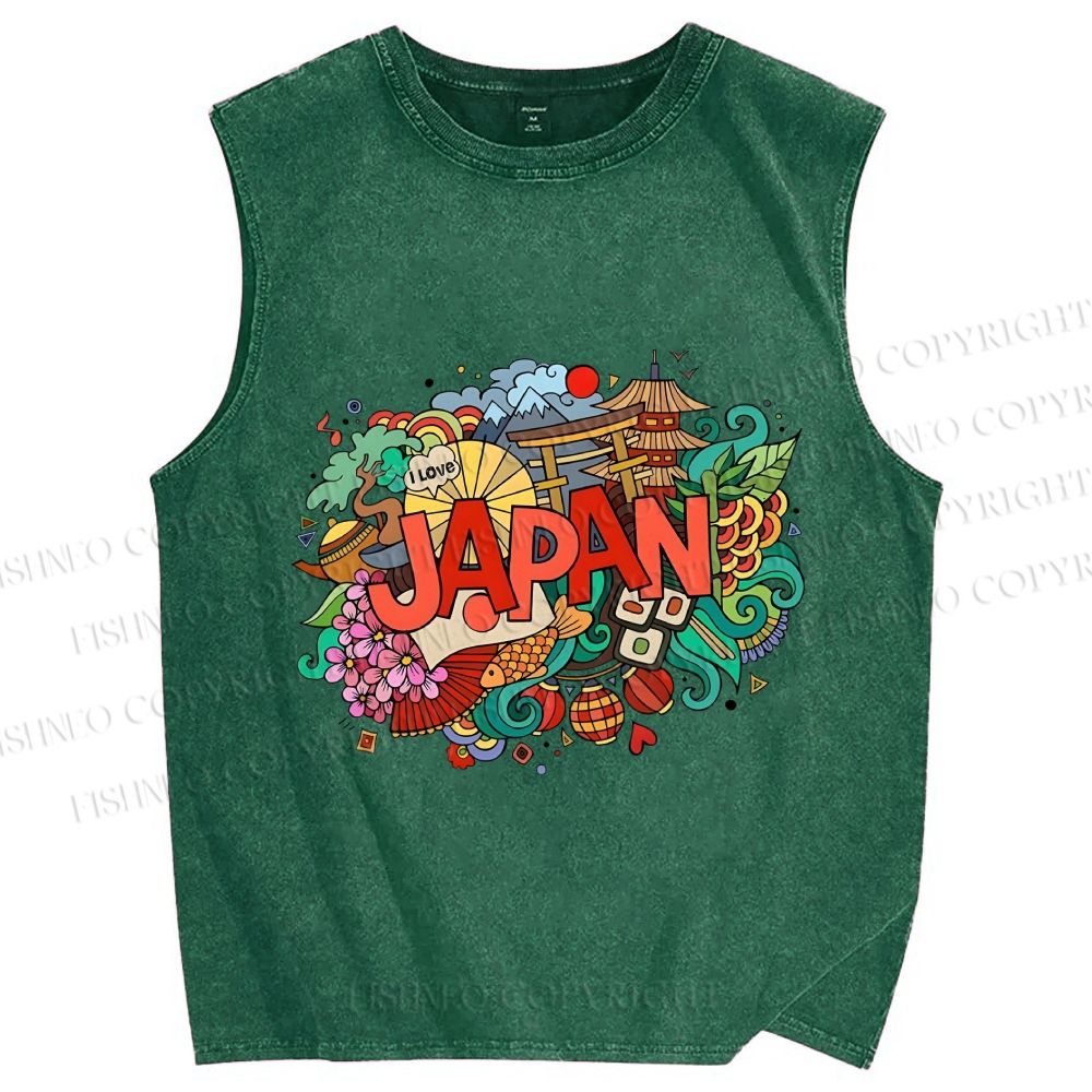 Unisex Japanese Graffiti Printed Washed Tank Top