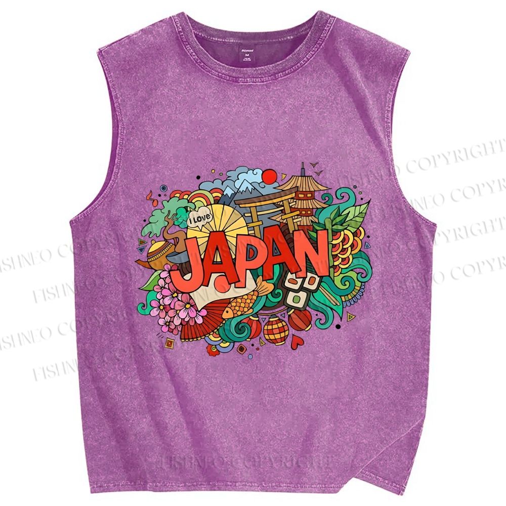 Unisex Japanese Graffiti Printed Washed Tank Top