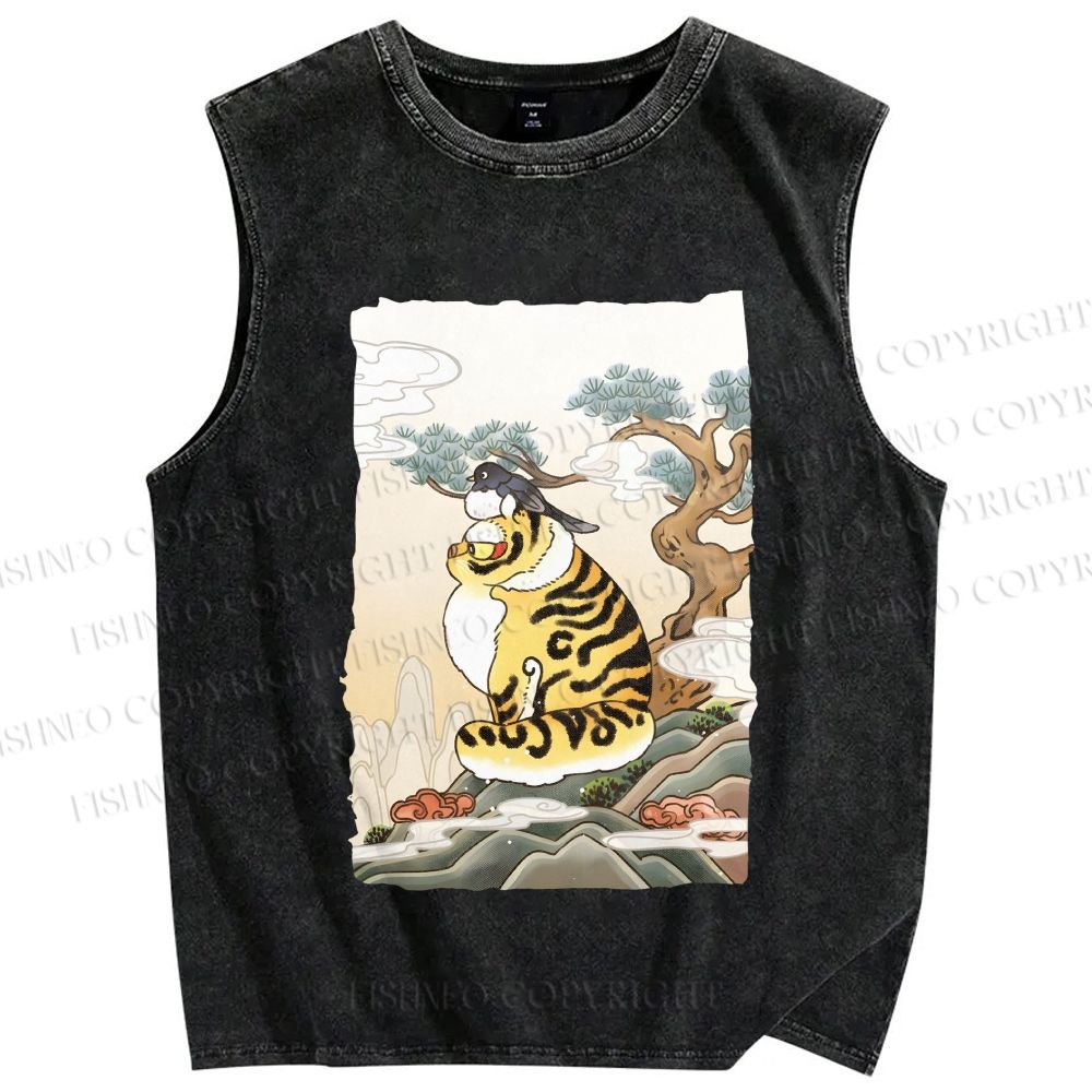 Unisex Fluffy Tiger With Bird Printed Washed Tank Top