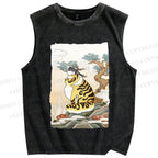 Unisex Fluffy Tiger With Bird Printed Washed Tank Top