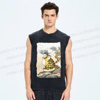 Unisex Fluffy Tiger With Bird Printed Washed Tank Top