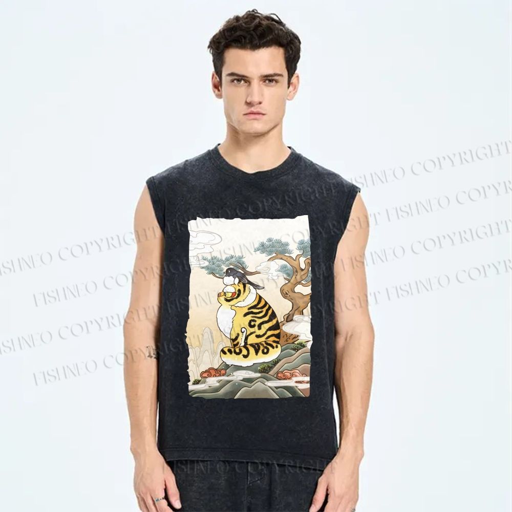 Unisex Fluffy Tiger With Bird Printed Washed Tank Top