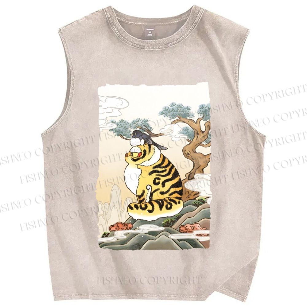 Unisex Fluffy Tiger With Bird Printed Washed Tank Top