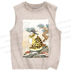 Unisex Fluffy Tiger With Bird Printed Washed Tank Top