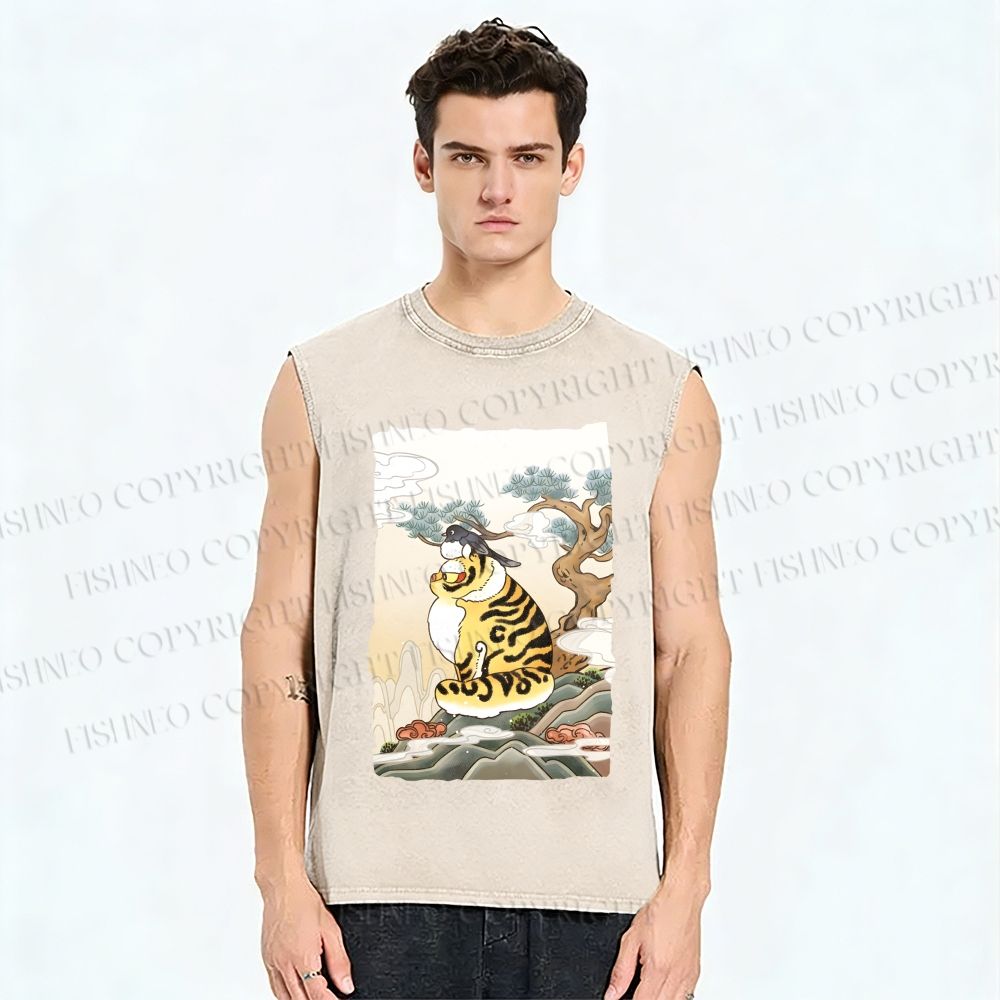 Unisex Fluffy Tiger With Bird Printed Washed Tank Top