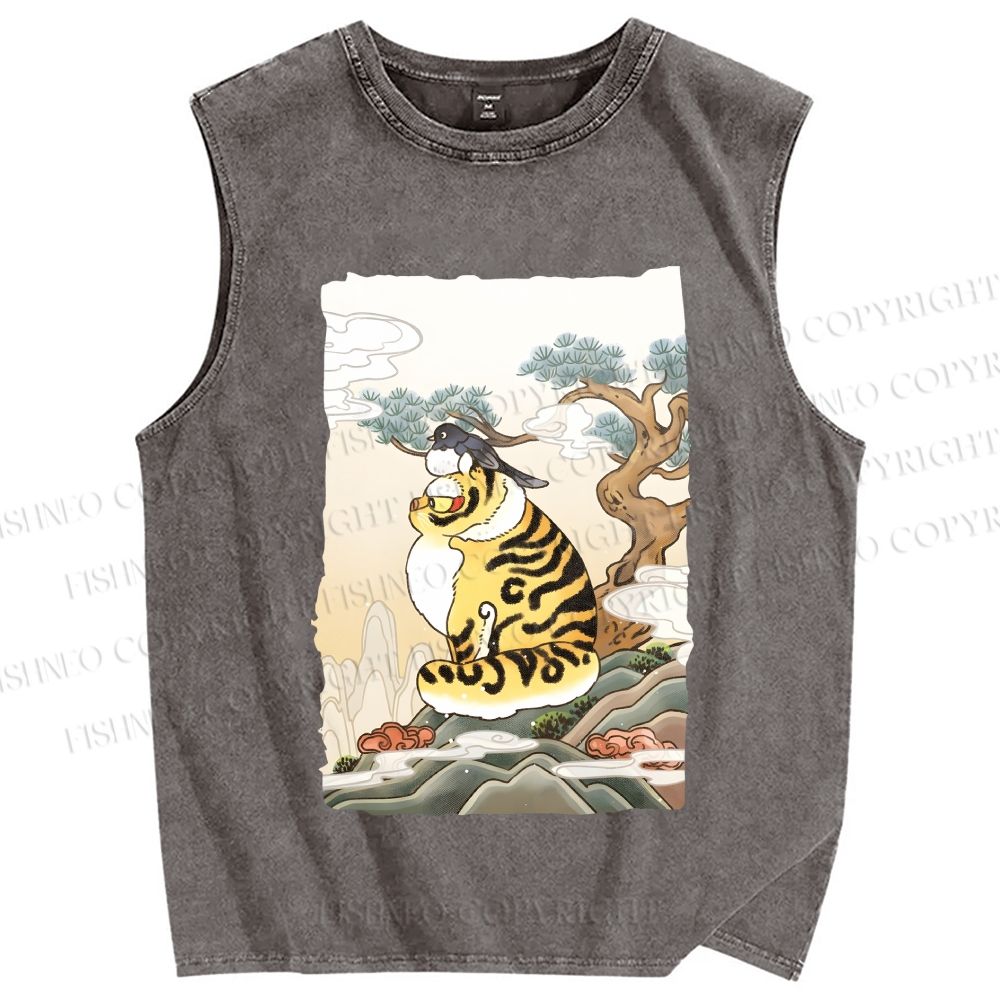 Unisex Fluffy Tiger With Bird Printed Washed Tank Top