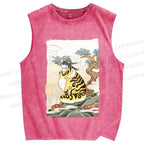 Unisex Fluffy Tiger With Bird Printed Washed Tank Top