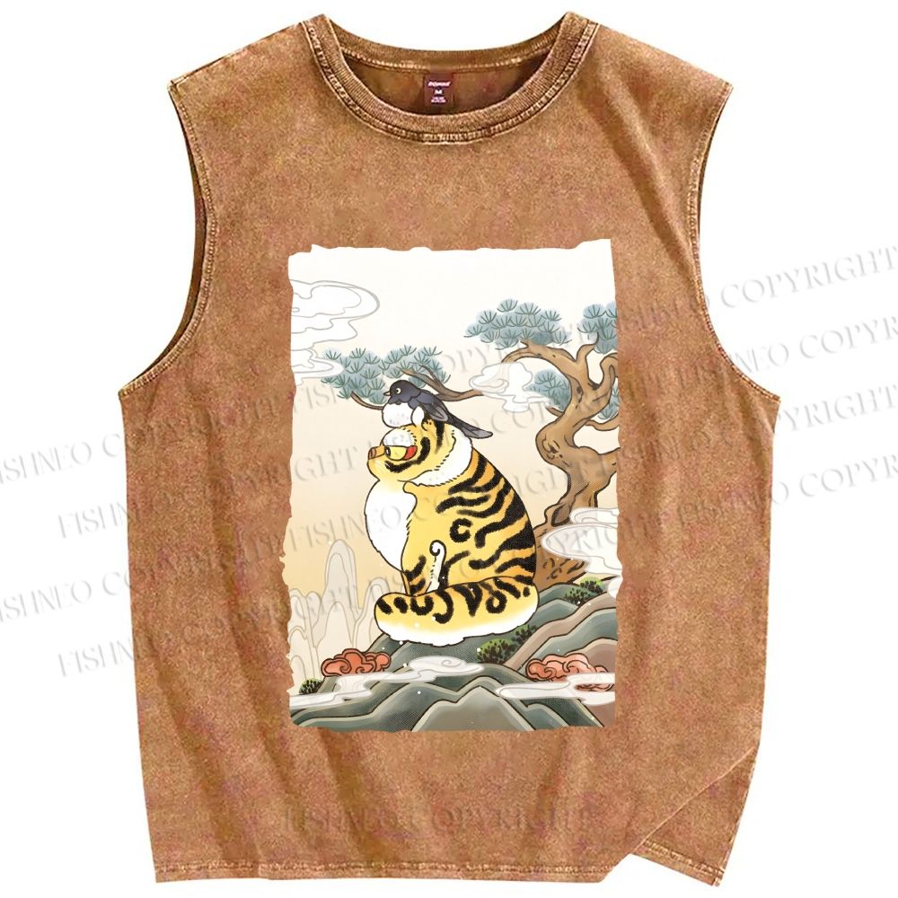 Unisex Fluffy Tiger With Bird Printed Washed Tank Top