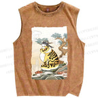 Unisex Fluffy Tiger With Bird Printed Washed Tank Top