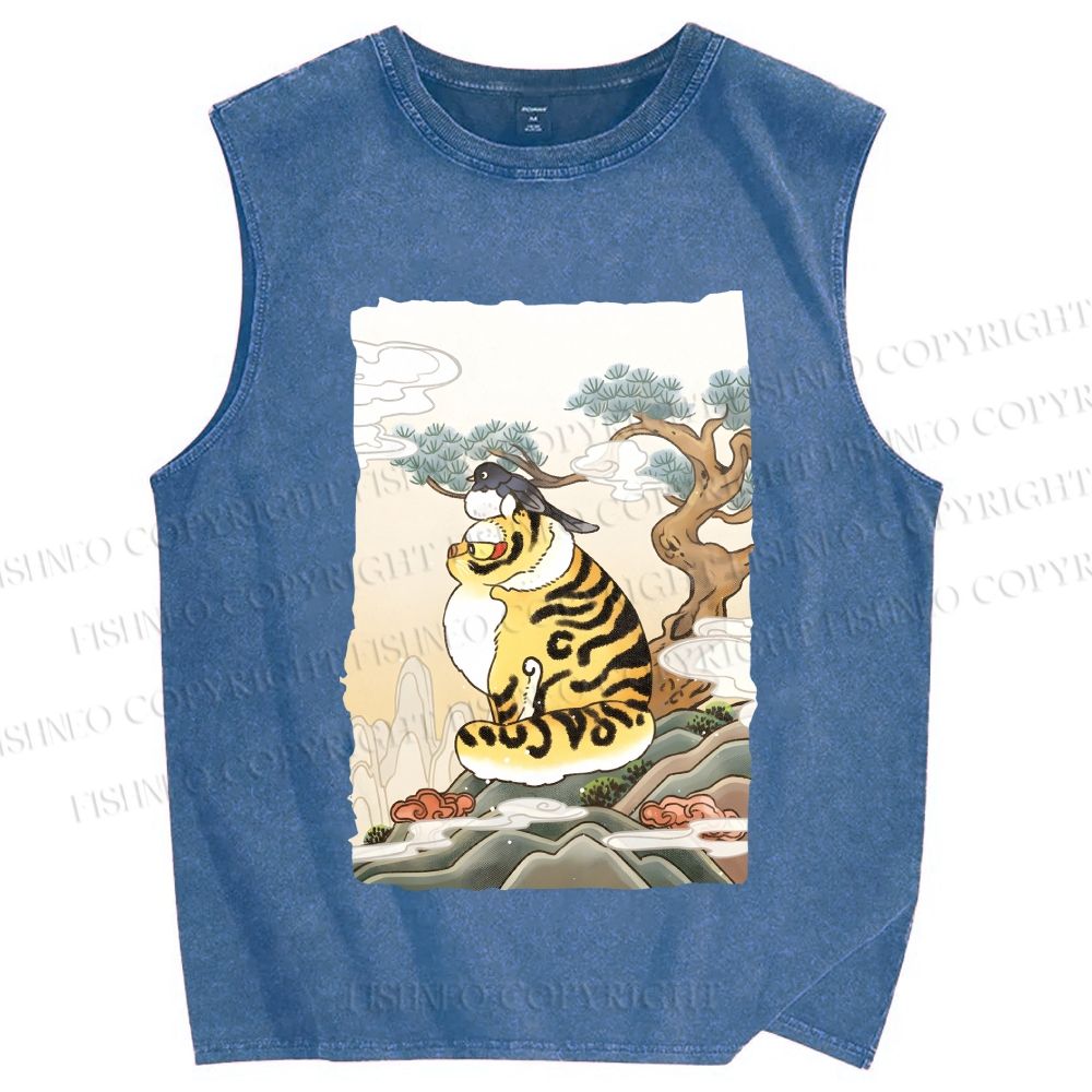 Unisex Fluffy Tiger With Bird Printed Washed Tank Top