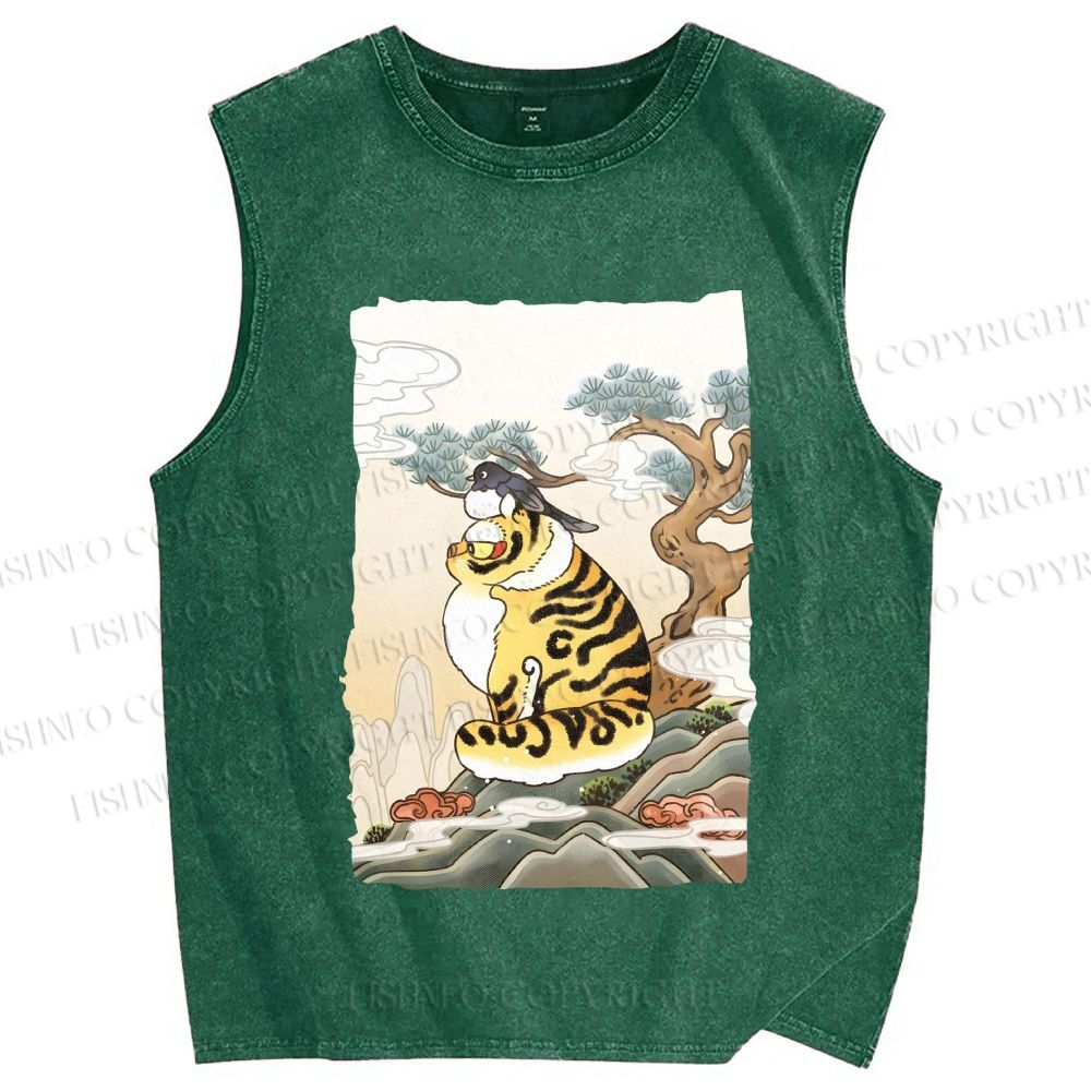 Unisex Fluffy Tiger With Bird Printed Washed Tank Top