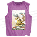 Unisex Fluffy Tiger With Bird Printed Washed Tank Top