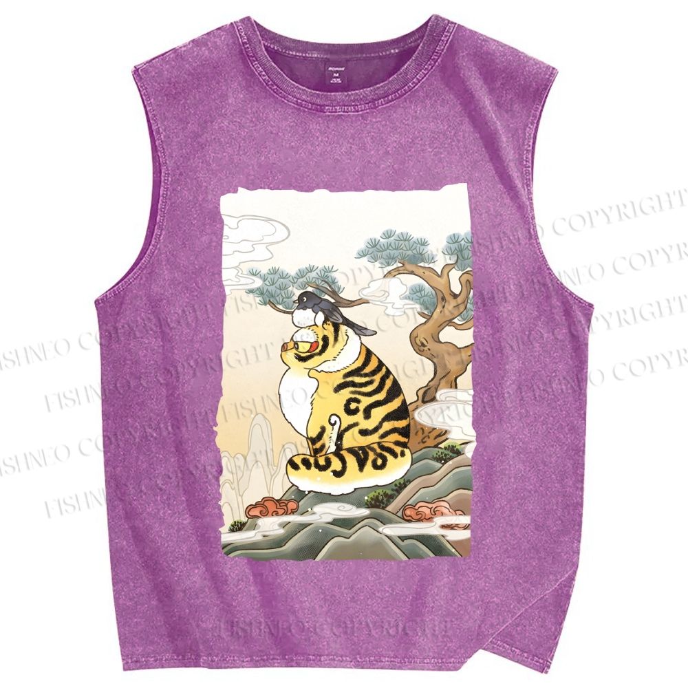 Unisex Fluffy Tiger With Bird Printed Washed Tank Top