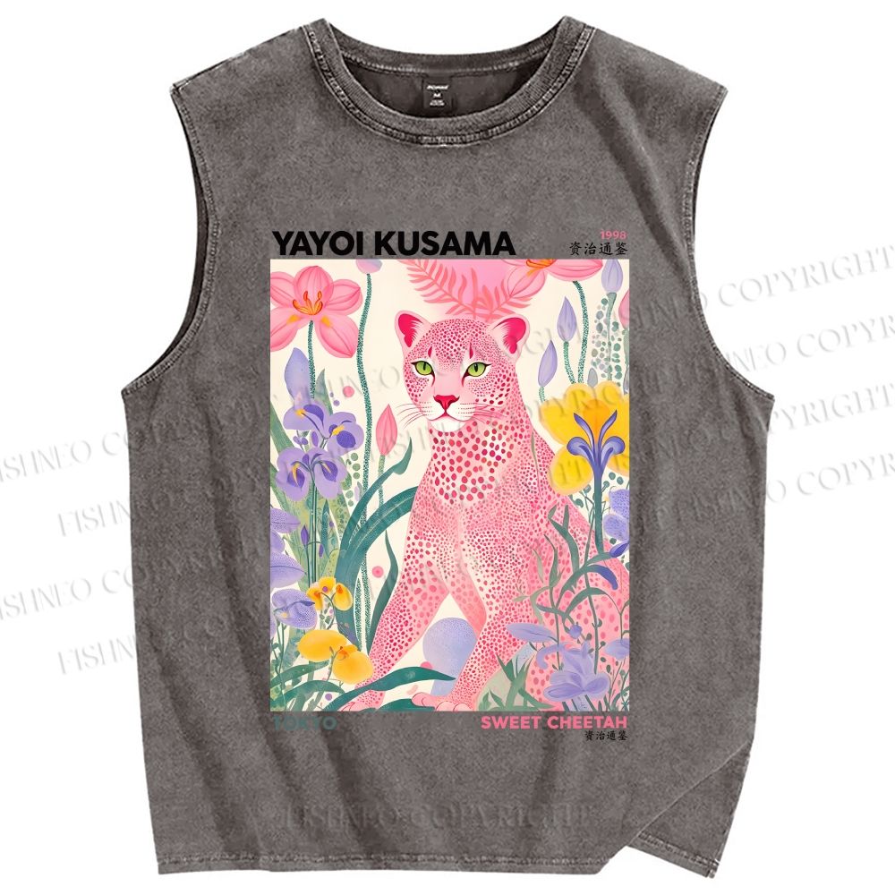 Unisex Yayoi Kusama Pink Cheetah Printed Washed Tank Top