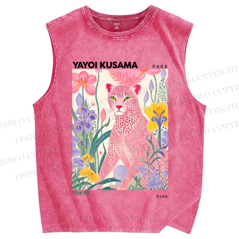 Unisex Yayoi Kusama Pink Cheetah Printed Washed Tank Top