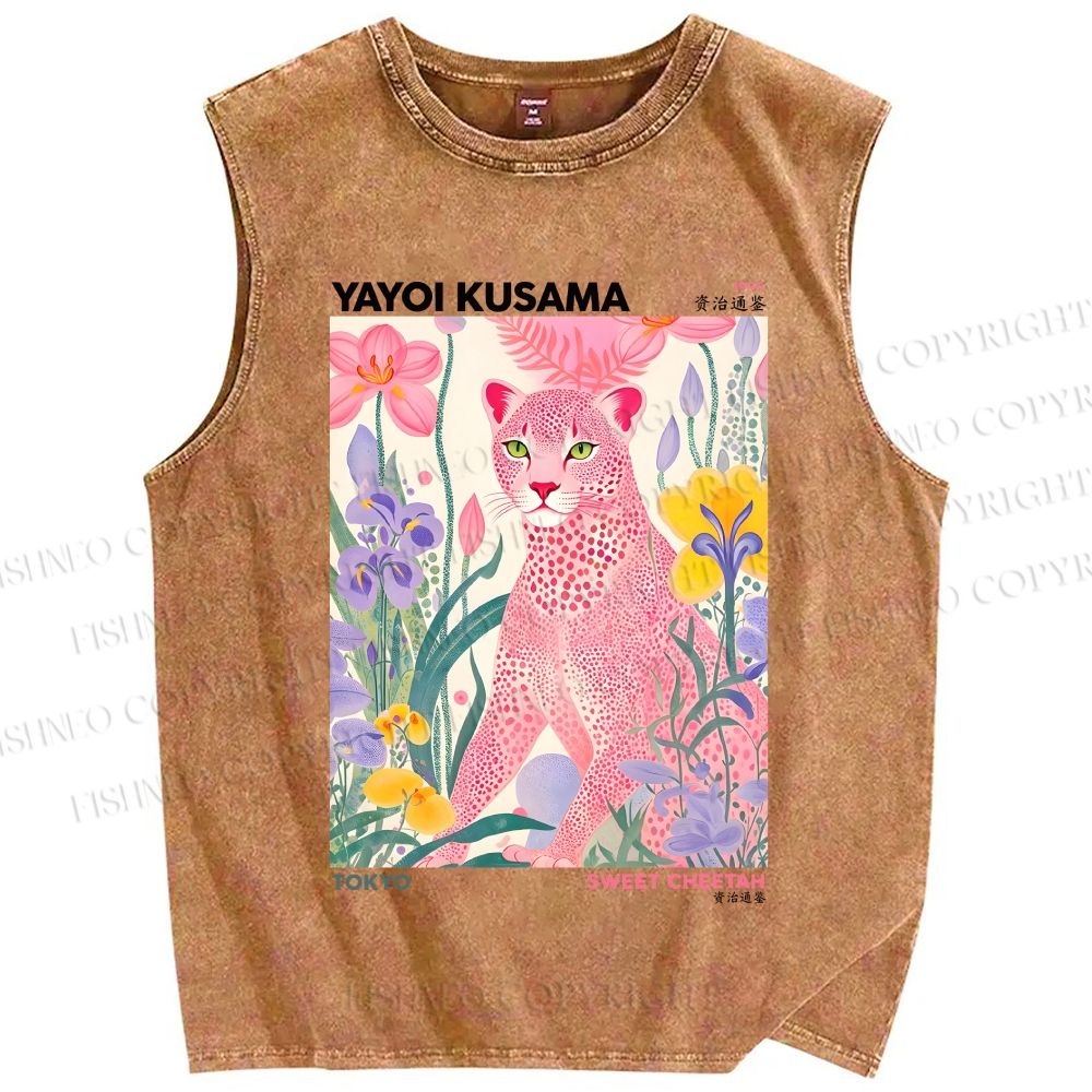 Unisex Yayoi Kusama Pink Cheetah Printed Washed Tank Top