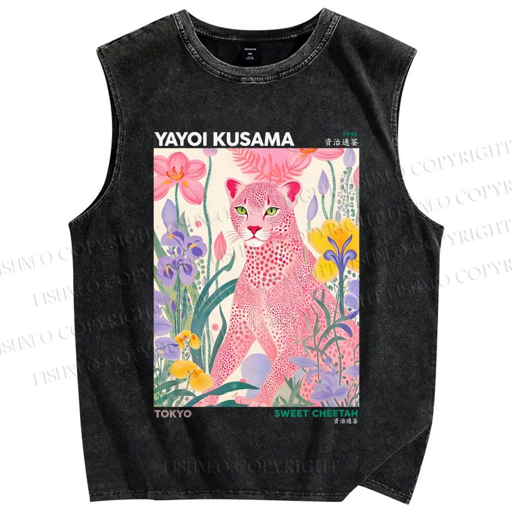 Unisex Yayoi Kusama Pink Cheetah Printed Washed Tank Top