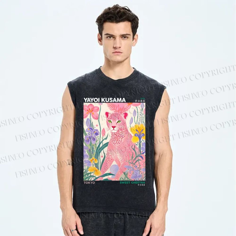 Unisex Yayoi Kusama Pink Cheetah Printed Washed Tank Top