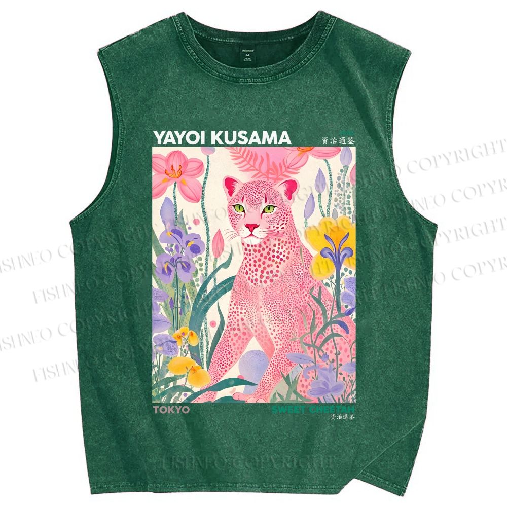 Unisex Yayoi Kusama Pink Cheetah Printed Washed Tank Top