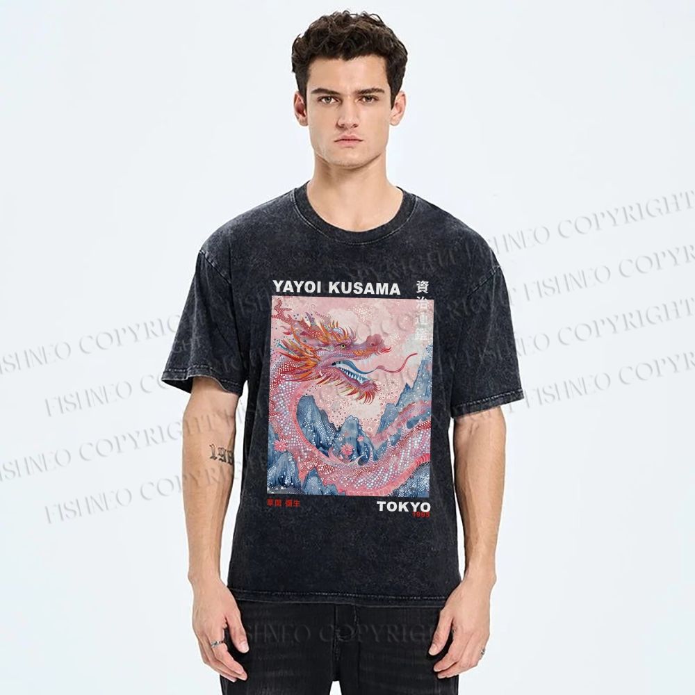 Unisex Yayoi Kusama Dragon Printed Washed Tee