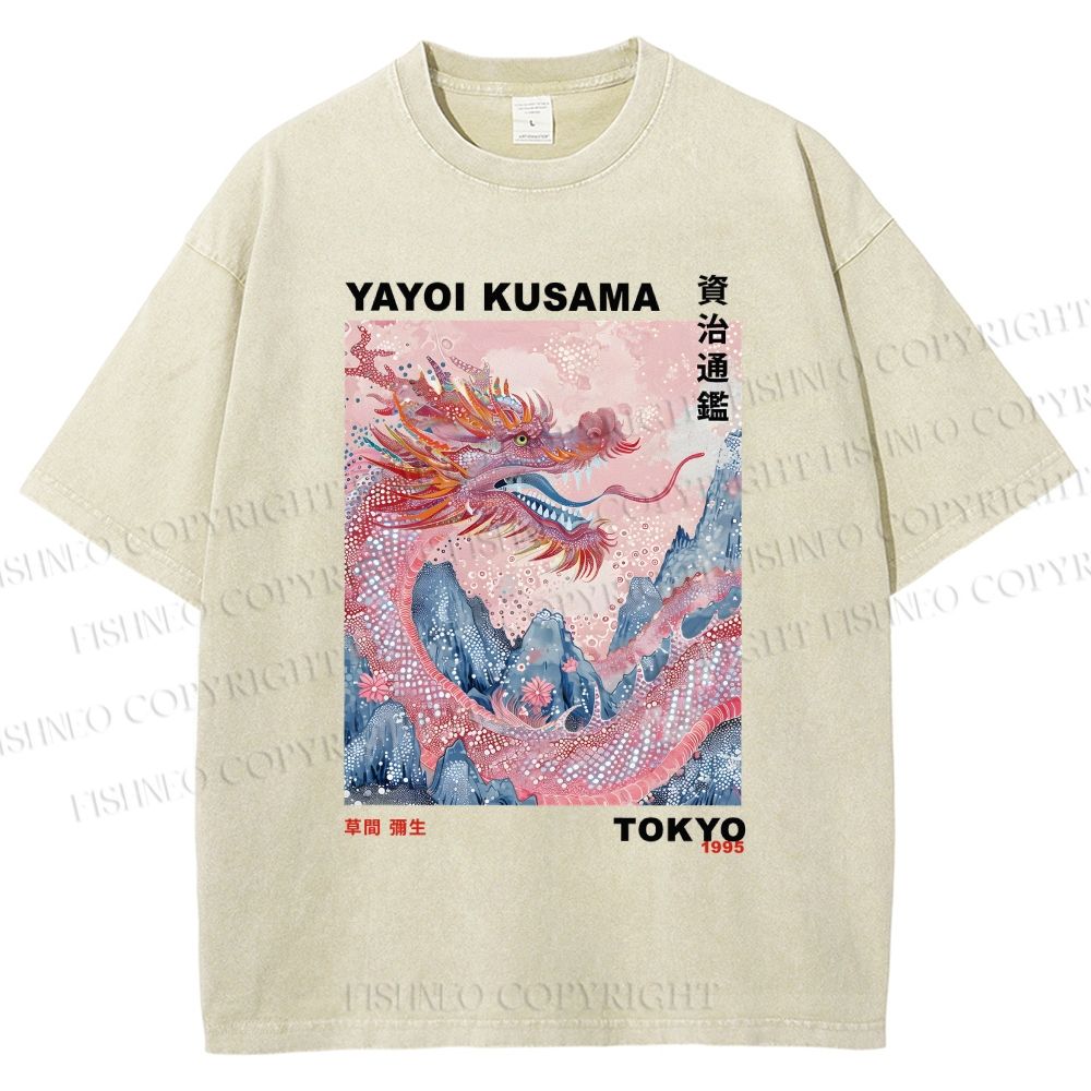 Unisex Yayoi Kusama Dragon Printed Washed Tee