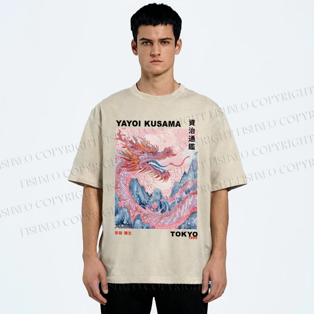 Unisex Yayoi Kusama Dragon Printed Washed Tee