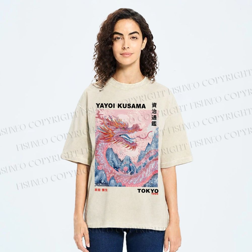 Unisex Yayoi Kusama Dragon Printed Washed Tee