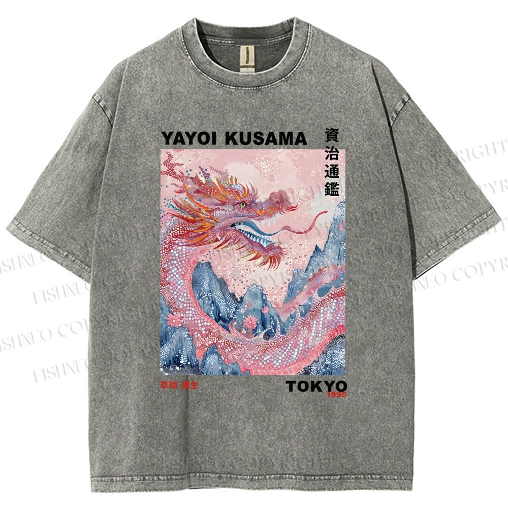 Unisex Yayoi Kusama Dragon Printed Washed Tee