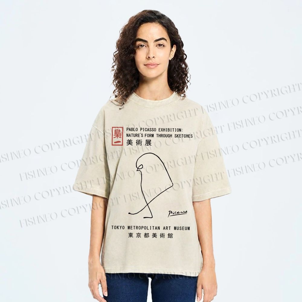 Unisex Pablo Picasso Minimalist Bird Printed Washed Tee