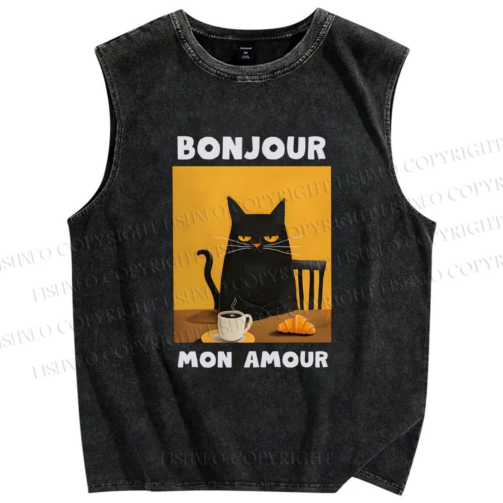 Unisex Black Cat Breakfast Printed Washed Tank Top