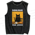 Unisex Black Cat Breakfast Printed Washed Tank Top