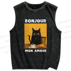 Unisex Black Cat Breakfast Printed Washed Tank Top