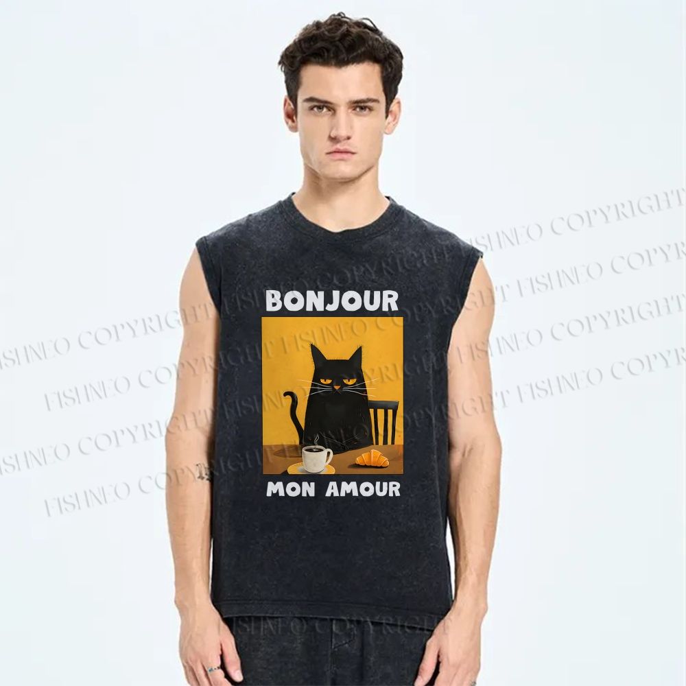 Unisex Black Cat Breakfast Printed Washed Tank Top