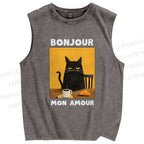 Unisex Black Cat Breakfast Printed Washed Tank Top