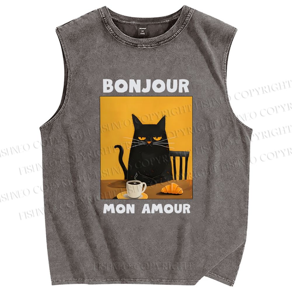 Unisex Black Cat Breakfast Printed Washed Tank Top